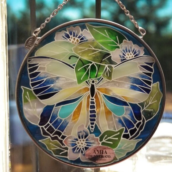 Amia Stained Glass Style Butterfly & Flower Suncatcher Round Indoor Window Decor - Picture 2 of 13
